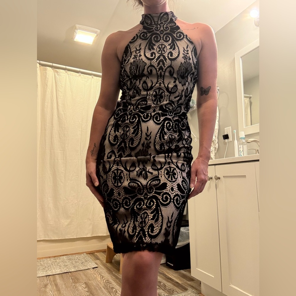 Bisou Bisou Black Cream Halter Midi Dress